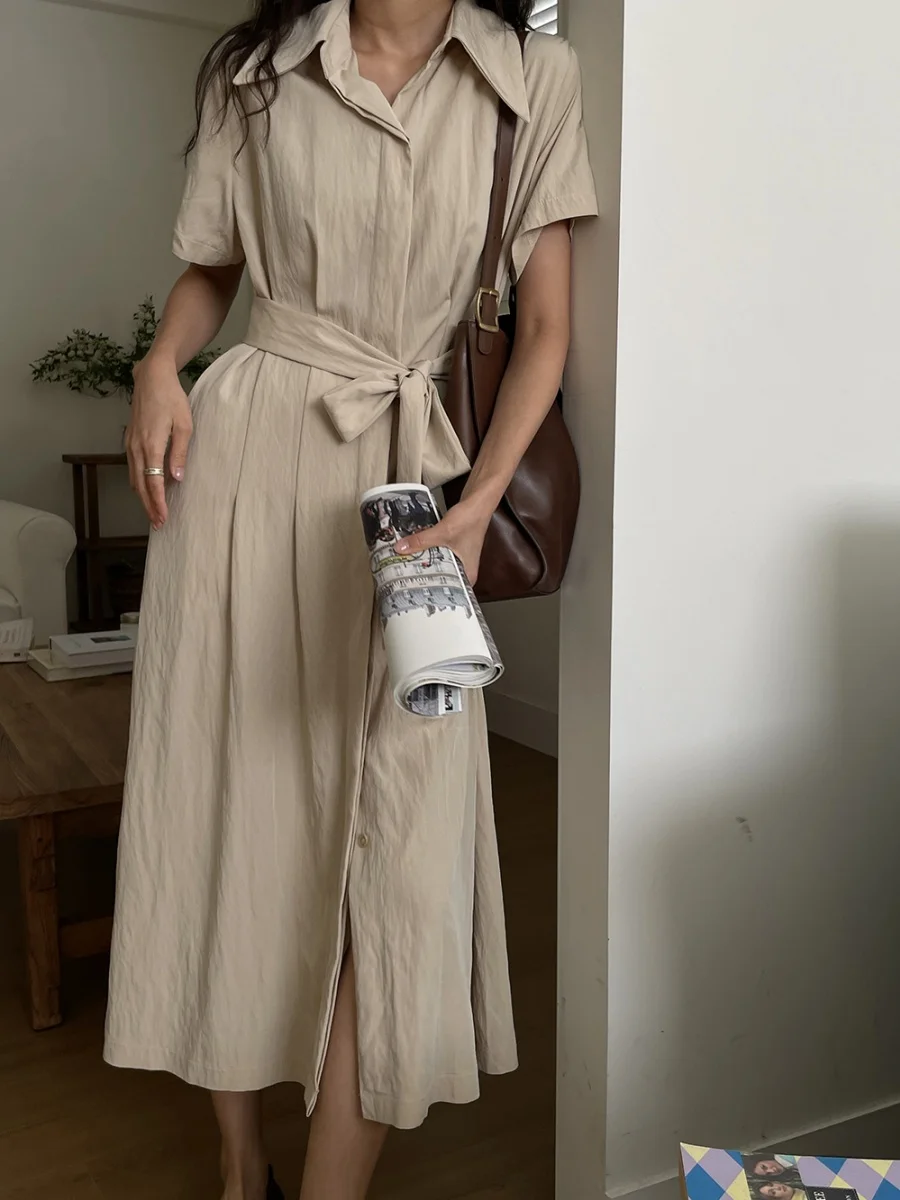 Jlgl 한국 동대문 인스타 레트로 플리츠 싱글 로우 히든 후크 스트랩 셔츠, 원피스