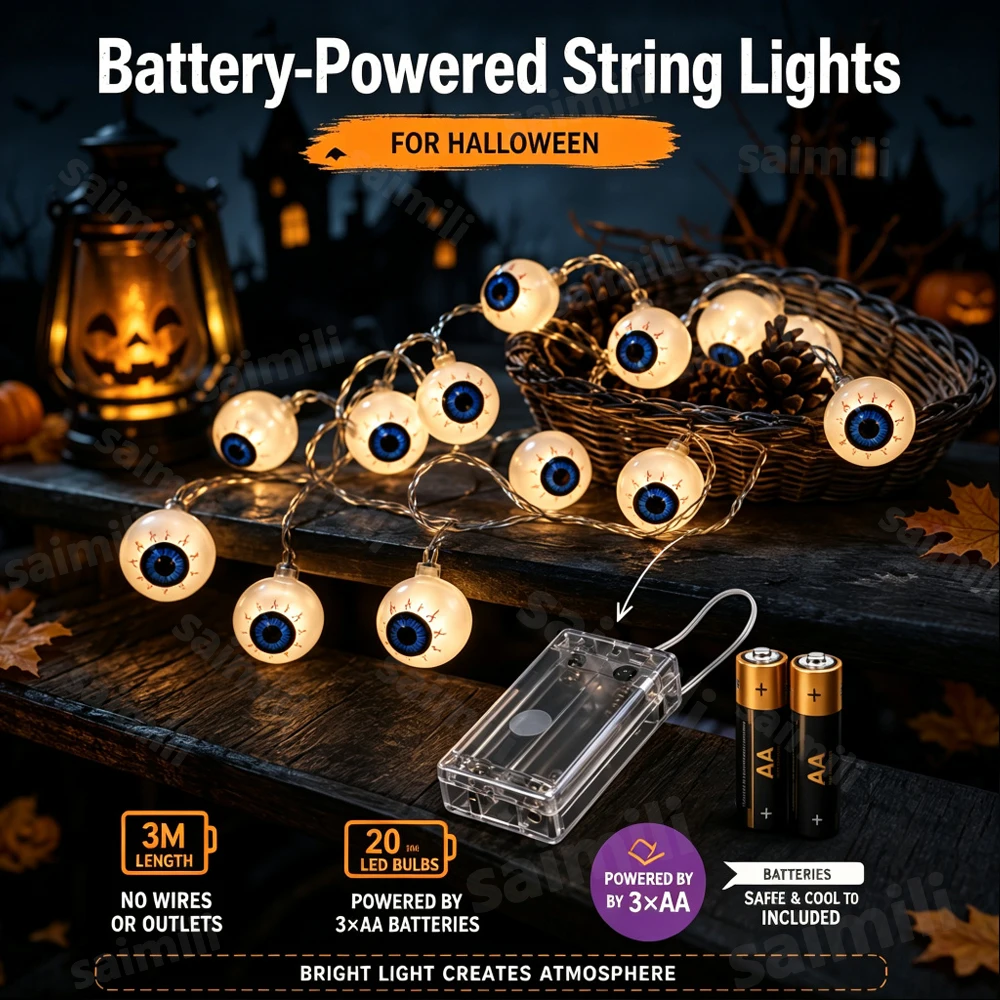 Halloween Spooky Eyeball Shape String Light Battery Powered Waterproof Hanging Light For Home Window Balcony Holiday Party Decor