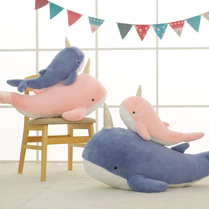 Jouet en peluche narval 60cm-120cm, jolie poupée licorne, poisson en peluche doux, baleine bleue avec oreiller en corne, cadeau de noël pour filles, décor de chambre