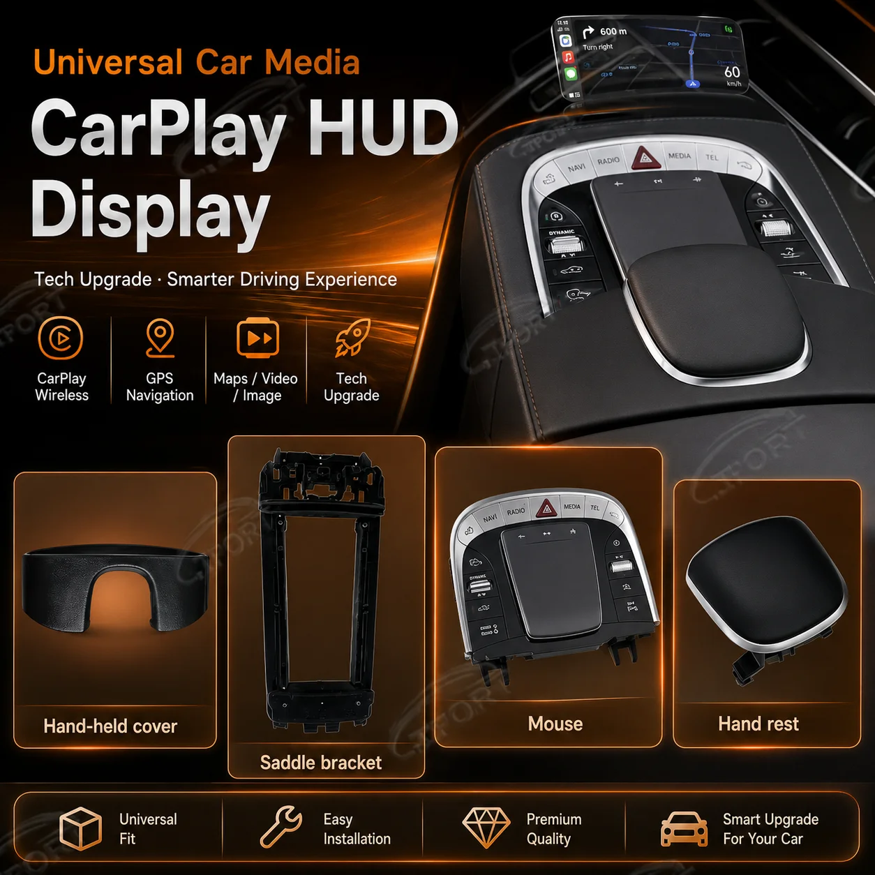 Universal Carplay HUD Head Unit Display Car Media with GPS Navigation Most Cars Compatible Technological Sense for Images Videos