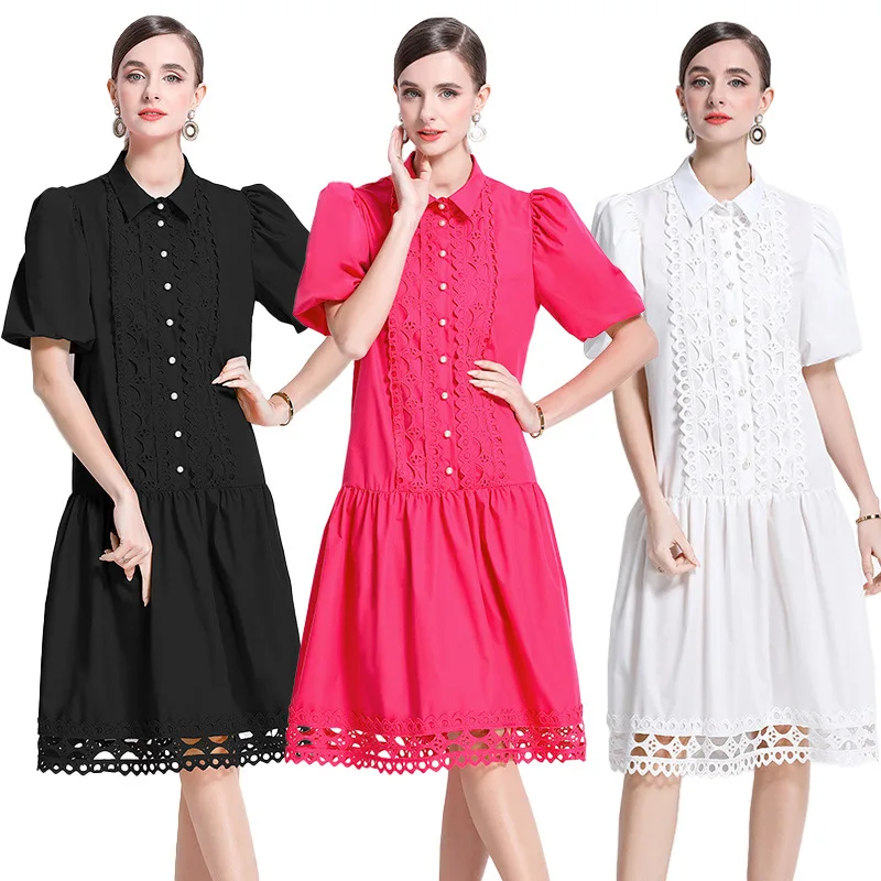 

2025Spring and Summer New Women's Temperament Stylish Loose plus Size Puff Sleeve Shirt Mid-Length Dress Dress A001