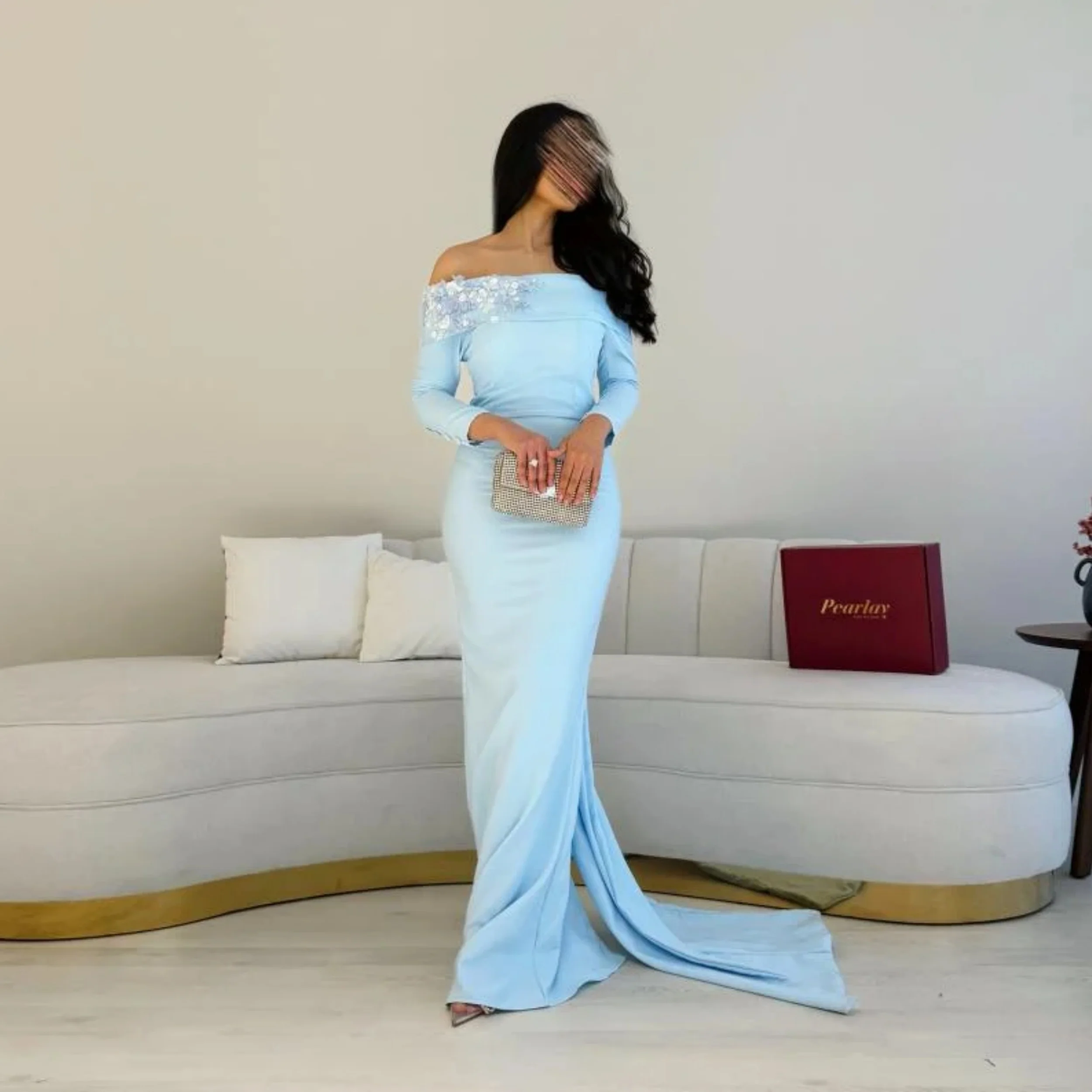Light Blue Mermaid Women Evening Dress Gorgeous Stain Formal Vestido de Gala Customized Flowers Appliques Prom Party Gowns