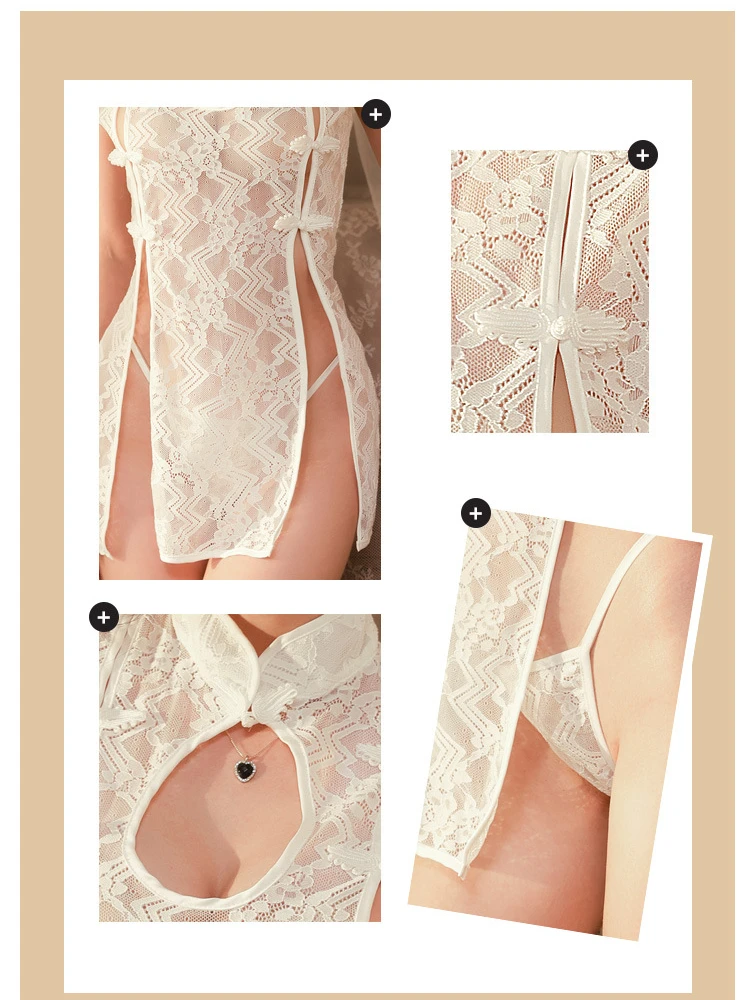 섹시한 클래식 레이스 사이드 분할 Cheongsam 여성 에로틱 중국어 Qipao 속이 빈 브래지어 유니폼 코스프레 꽃 시스루 잠옷