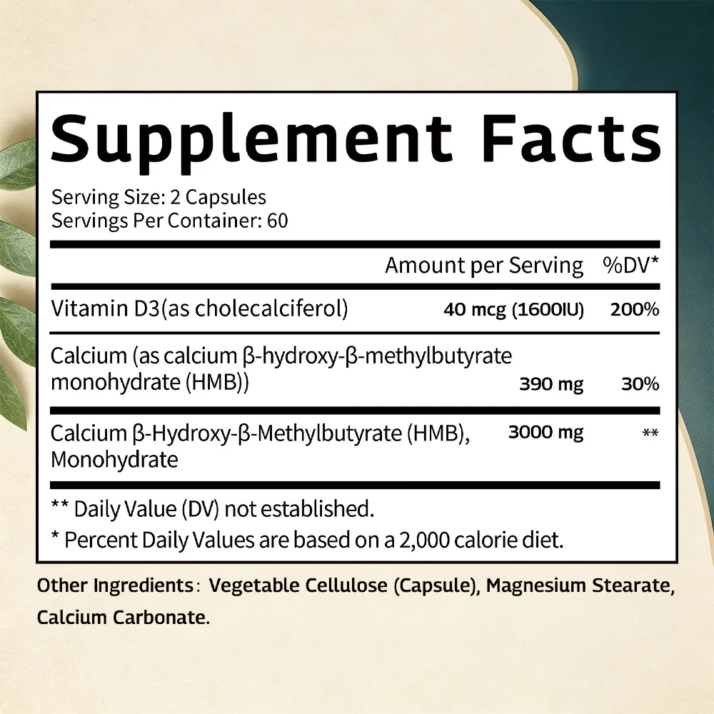 HMB 3000mg and Vitamin D3 (1600 IU) Supplement - Promote Muscle Growth and Recovery - 120 Vegetarian Capsules