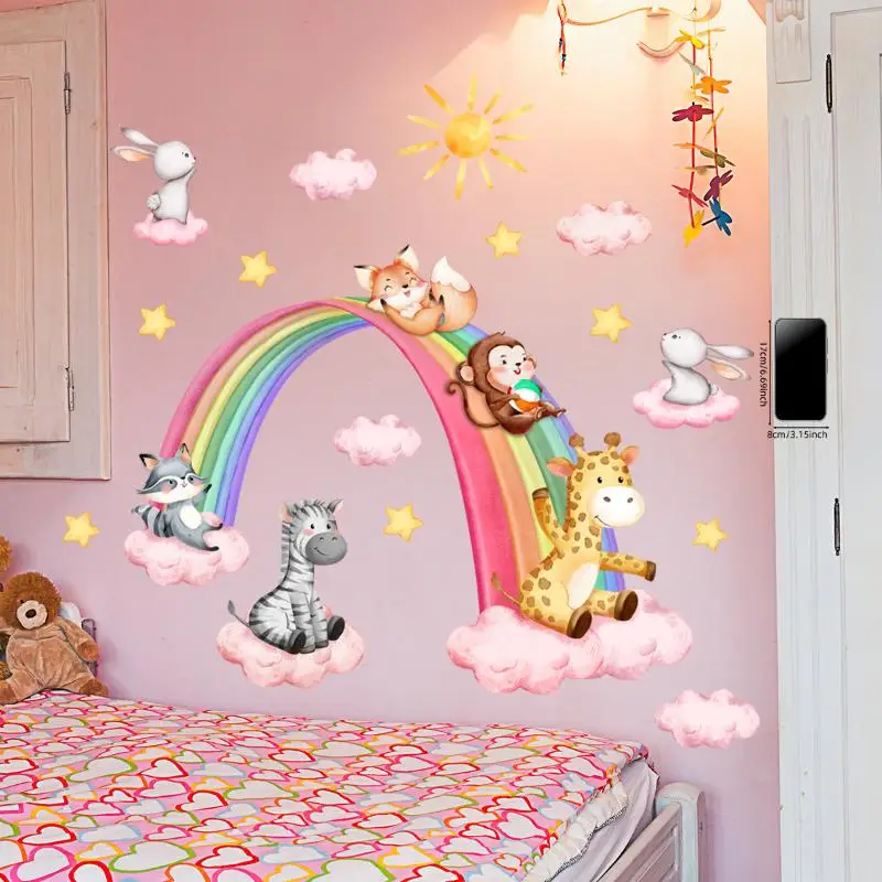 Cartoon Animal Rainbow Slide Cloud Sun Wall Stickers For Kids Room Nursery Self-adhesive Decorative Wall Decals