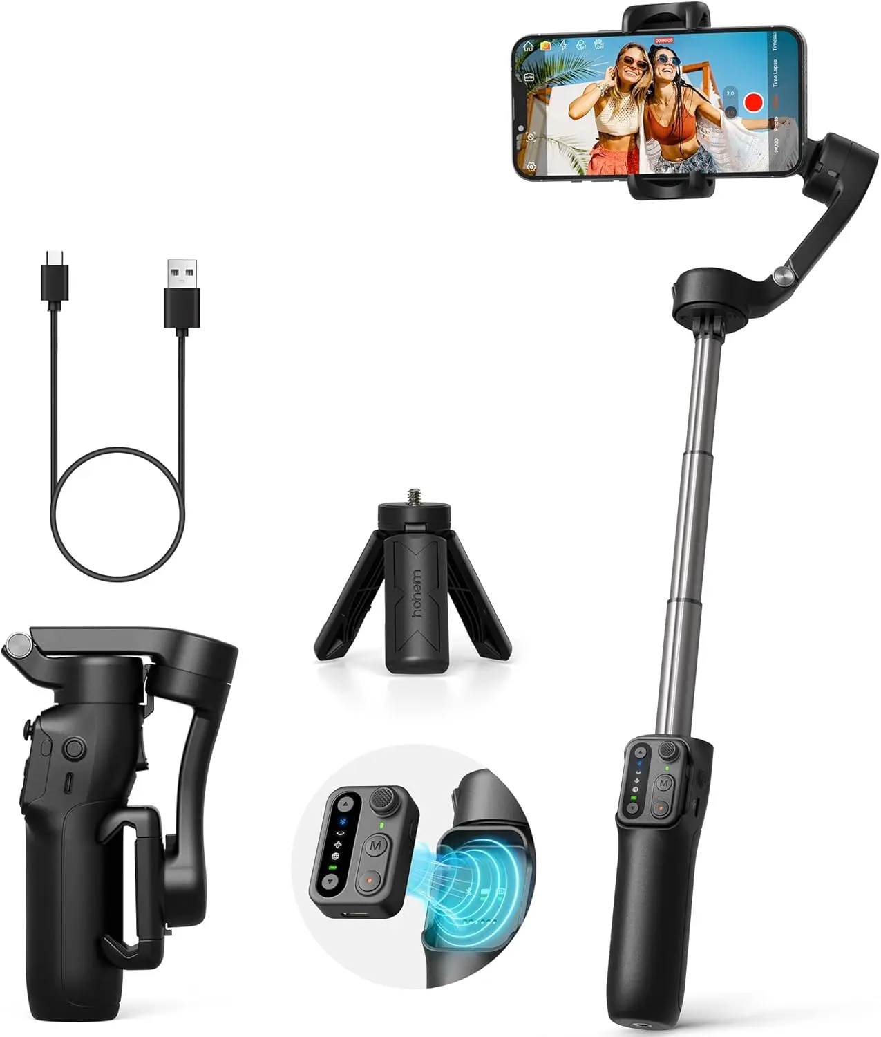 3-Axis Phone Gimbal Stabilizer with Detachable Remote, Extendable Rod, 11-Hour Battery for iPhone Video Recording