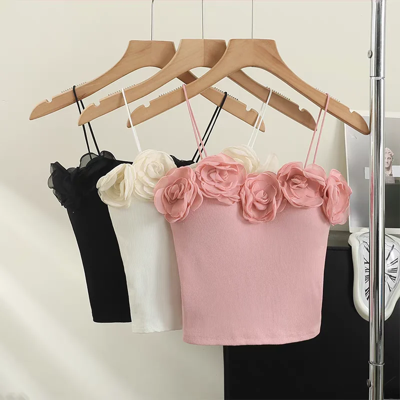 

Floral Knitted Cami Top Women Y2K Sexy but Cute Style Summer Sleeveless Crop Vest Sexy Strap Bustier Outerwear