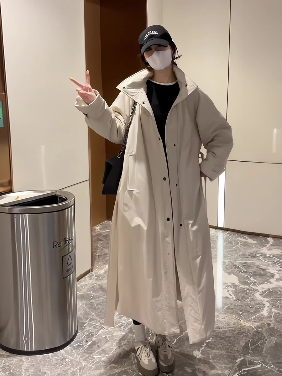 

Winter New Korean Style White Duck down Coat Women's Mid-Length Windproof Warm Polyester Fiber Jacket Commute Fashion Slim Fit