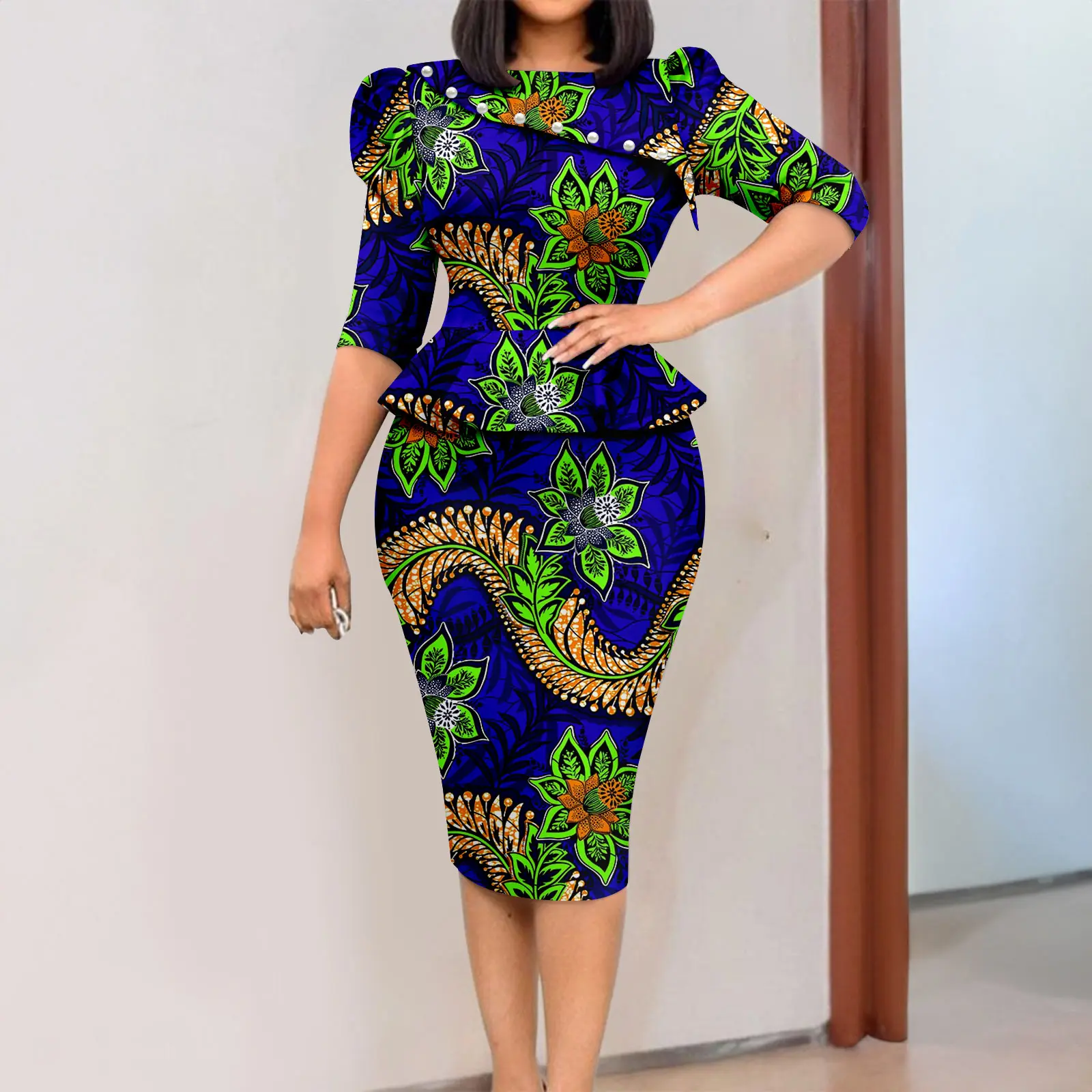 Afripride African Women\'s Dress Customized Loose Gold Ankara Print Fabric Two Piece Chest Pearl Accessory Dress 2426003