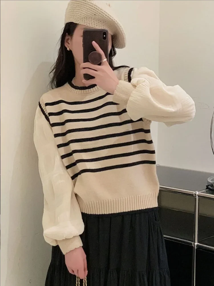 

Fake Two-piece Striped Sweater Women Casual Vintage Pullovers Patchwork Knitwear Female O-Neck Long Sleeve Top