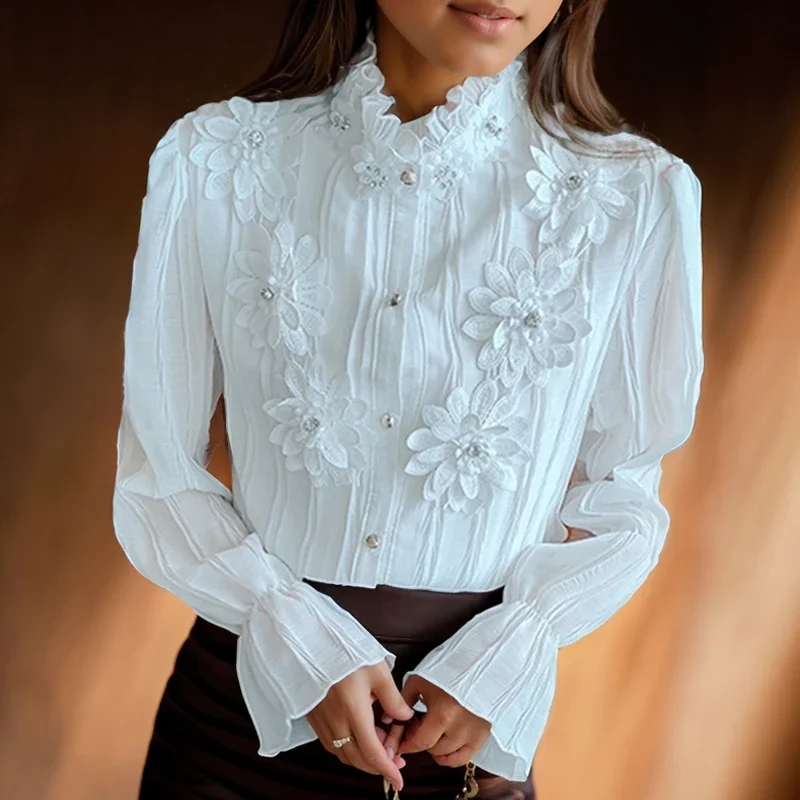 

Fashion Elegant Stand Collar Lace Blouse 2023 Flare Long Sleeve Ruffled Vintage Shirts Flower Casual Women Clothing Tops 29722