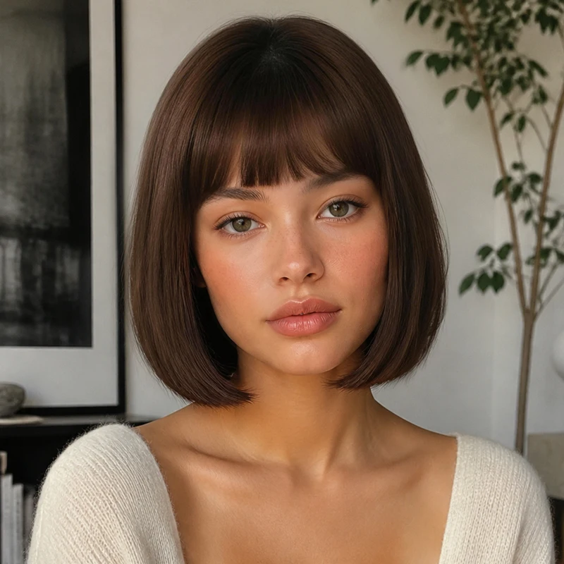 Ladies 12 Inch Synthetic Neat Bob Wig, Natural Dark Brown Fringe Straight Wig for Daily Casual Look and Photo Shooting