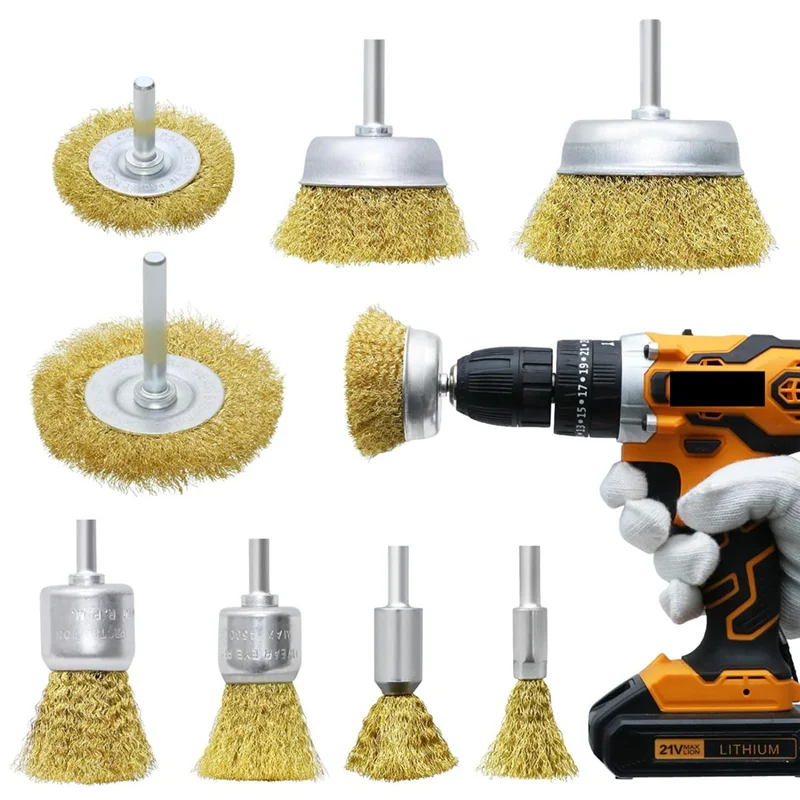 مجموعة فرش أكواب العجلات النحاسية من COFA مكونة من 8 قطع، مجموعة فرشاة سلك نحاسية كربونية مجعدة خشنة لتنظيف الصدأ والتآكل والطلاء المتين والأصفر