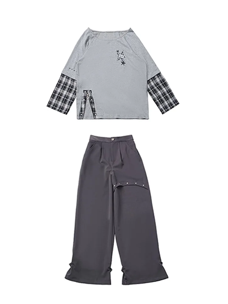 

ay клетчатая длинная футболка све, женские утягивающие брюки с высокой талией, комплект из двух предметов, осенний сезон, повседневная рабочая одежда, студенческая одежда