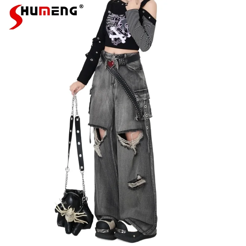 

Original American Retro Style Trousers Ripped Fashion Design Old Mopping Wide-leg Denim Pants Women's Clothes Long Baggy Jeans