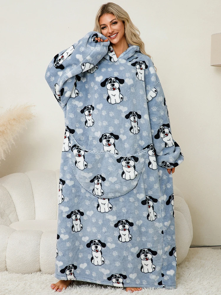 Women Wearable Blanket Hoodies Winter Coldproof Home Clothing Pajamas Adult Plush Flannel Blanket with Seeves Oversized Pullover