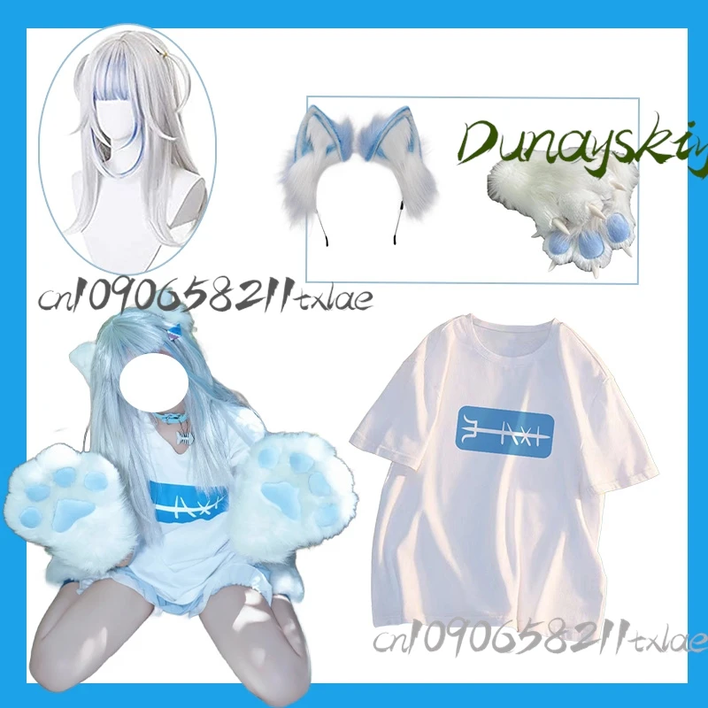 Gawr Gura 코스프레 세트 상어 귀 머리 클립 발 장갑 파란색 짧은 소매 반바지 가발 세트 귀여운 VTuber Hololive 의상 여름 애니메이션