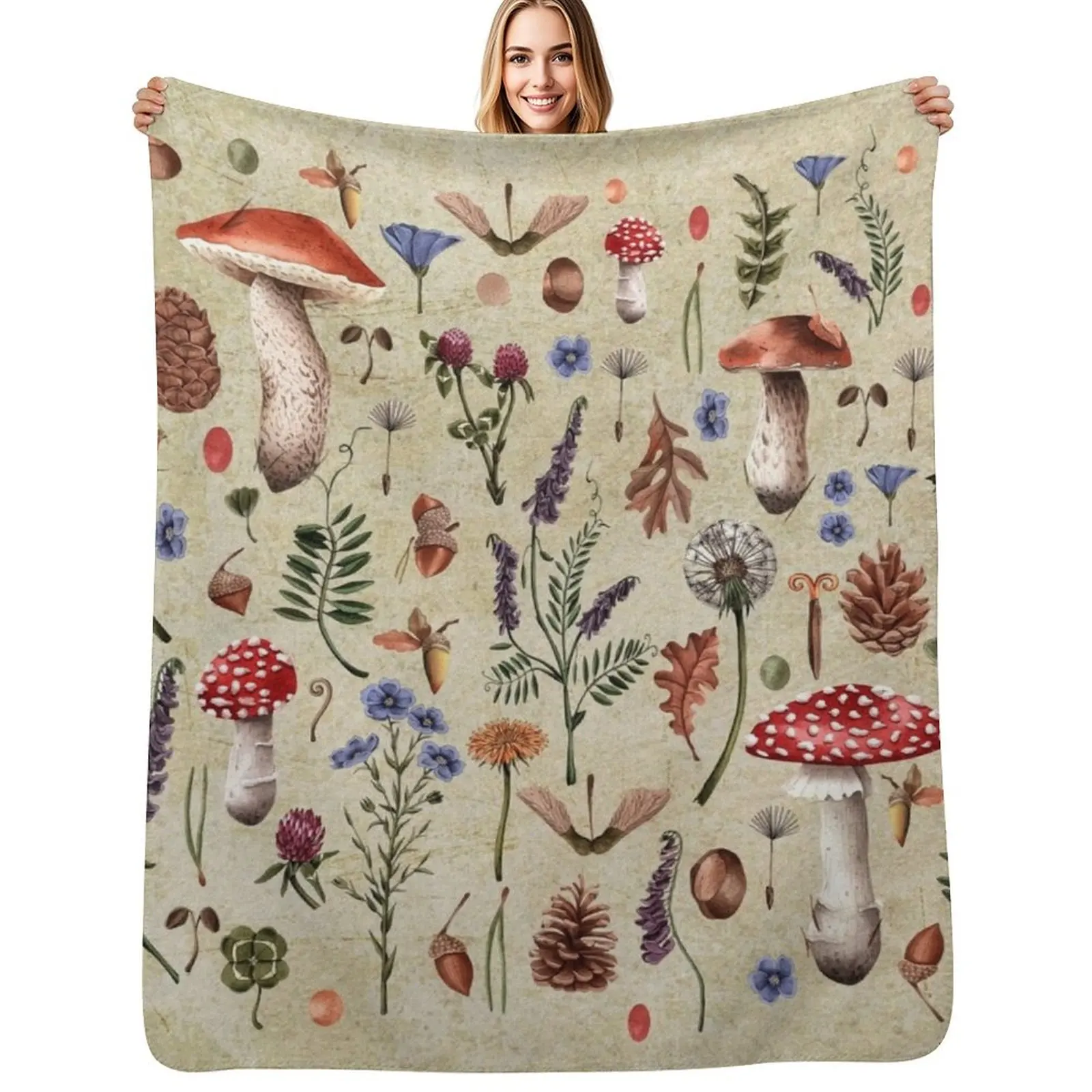 Retro botanical mushrooms, wildflowers d??cor, neutral colors floral design Throw Blanket Thin Cute Blankets