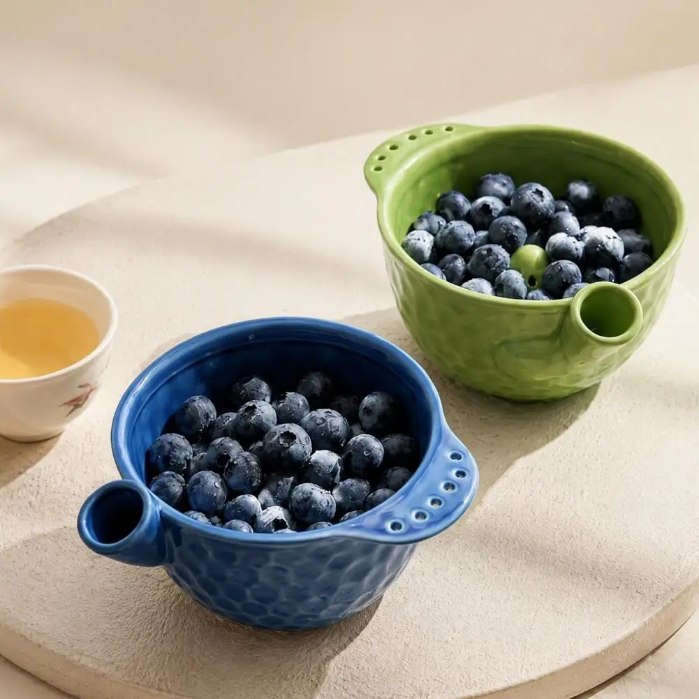 Ceramic Berry Washing Bowl with Drain Holes, Self Spinning Fruit Vegetable Washer, Swirling Rinsing Colander for Strawberries Gr