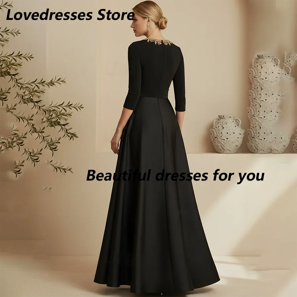 Customized Mother of The Bride Dresses Black Rhinestone Neck 3/4 Sleeve Satin A-Line Formal Wedding Guest Evening Gown