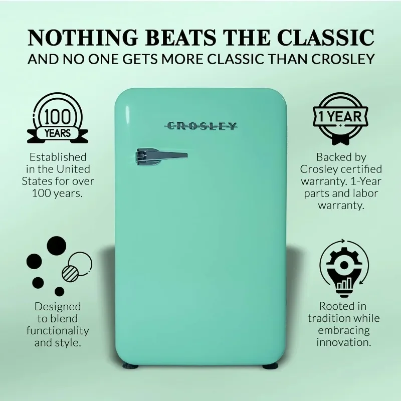 Crosley Retro Mini Fridge 3.2 Cu Ft Mint Green w/o Freezer, Compact Refrigerator for Bedroom, Garage, Office Under Desk