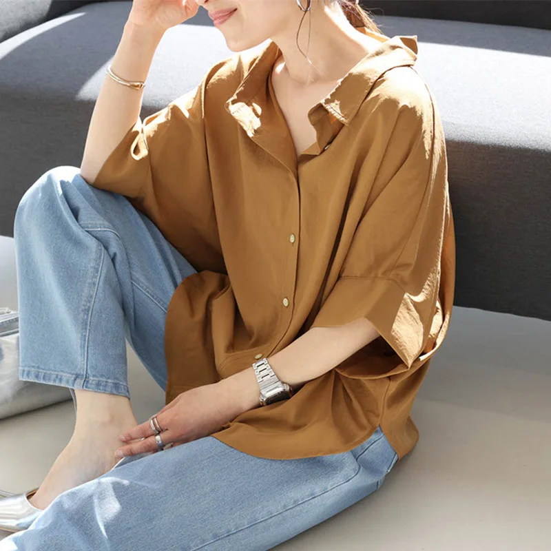 

Lotte Japan and Korea Loose Summer Batwing Sleeve Turn-down Collar Button-up Shirt Slimming Commuting Versatile Casual Top