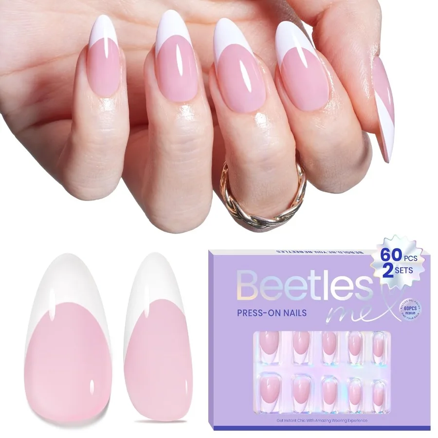

Beetles Press On Nails Almond Medium: 60 шт. French Tip Press On Nails в 16 размерах с белыми французскими кончиками и розовыми накладными ногтями для