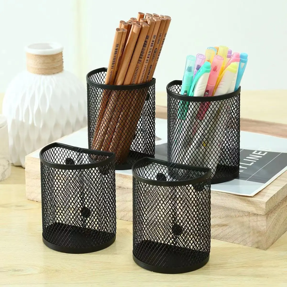 Magnetic suction pen holder with semi-circular side hanging metal pen holder and magnetic iron suction whiteboard storage box