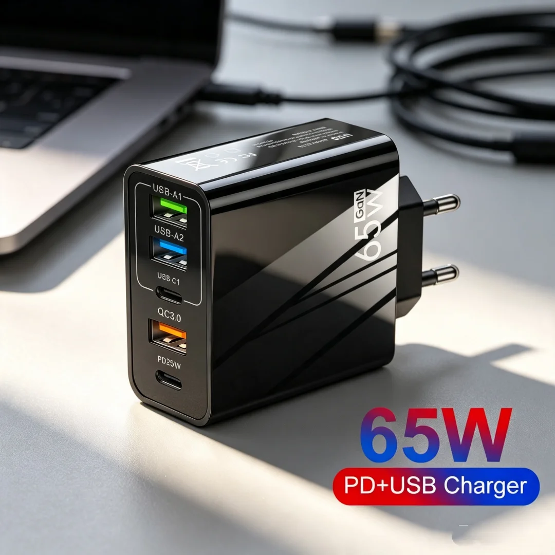 65W 5 Ports USB C Charger Fast Charging Type C Phone Charger Adapter For iPhone 17 16 Pro Samsung Xiaomi Portable USB PD Charger