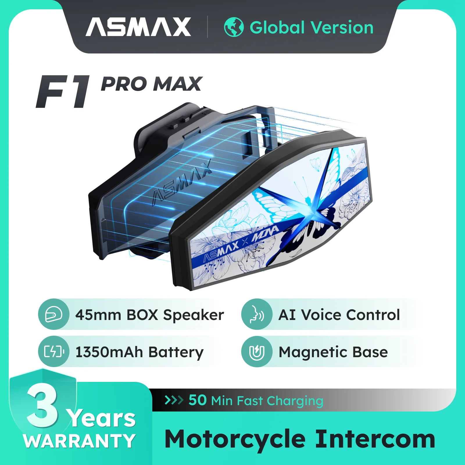 ASMAX F1 PRO MAX دراجة نارية بلوتوث إنترفون 45 ملم سماعات خوذة، اتصالات شبكية، تحكم صوتي AI، بطارية 1350 مللي أمبير في الساعة