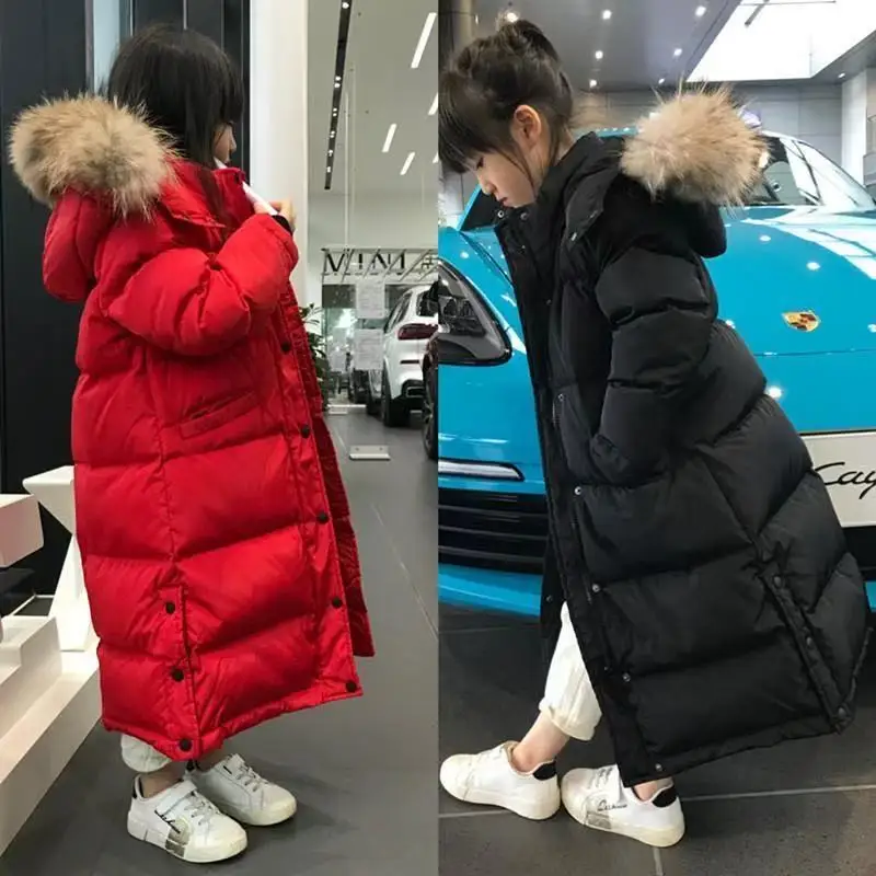 Boys Girls Cotton Padded Fur Collar Jacket Children Long Over-the-knee Korean Thickened Coats Kids Warm Hooded Parkas