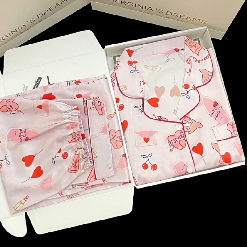 Cherry Pink Heart Sweet Women\'s 2pcs Home Pajamas Korean Ins Style Cartoon Print Sleep Loungewear 2024 New Summer Y2k House Sets