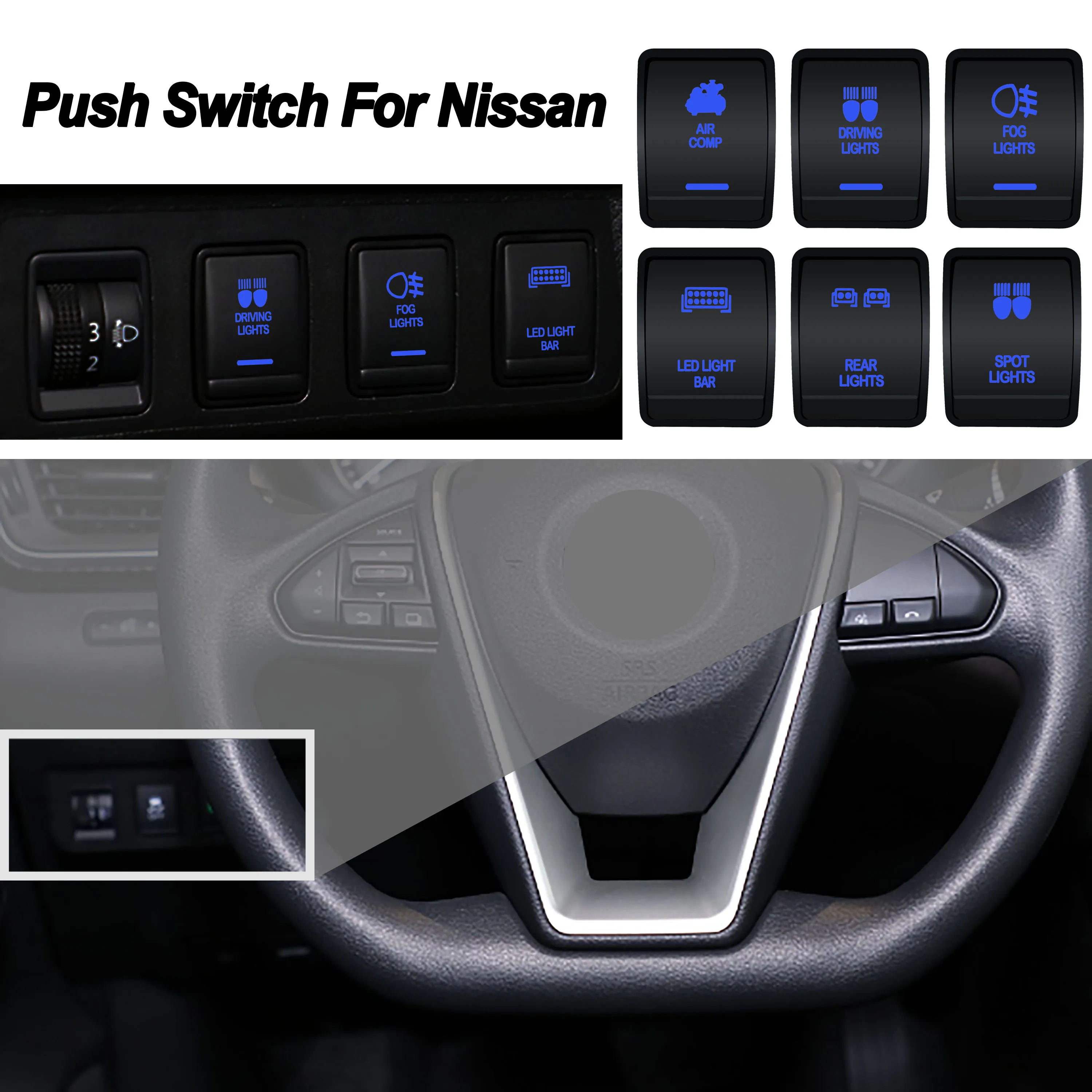 Przełącznik przyciskowy Led Light Bar/Fog Lights Dual Blue Led ON OFF 12V 3A do samochodu Nissan Navara NP300 Rogue Pathfinder X-Trail