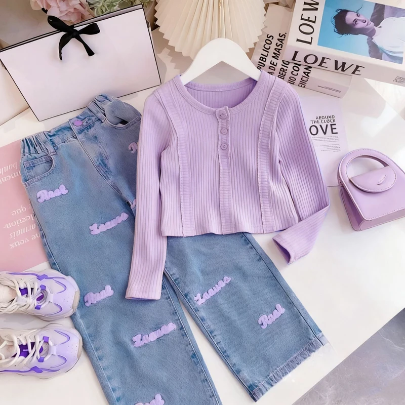 3-10 Jahre Teenager Mädchen Kleidungsset Frühling Herbst Einfarbiges Langarm-Oberteil + Jeans mit Buchstabendruck und Weitem Bein 2-teilig für Kinder Modisches Outfit