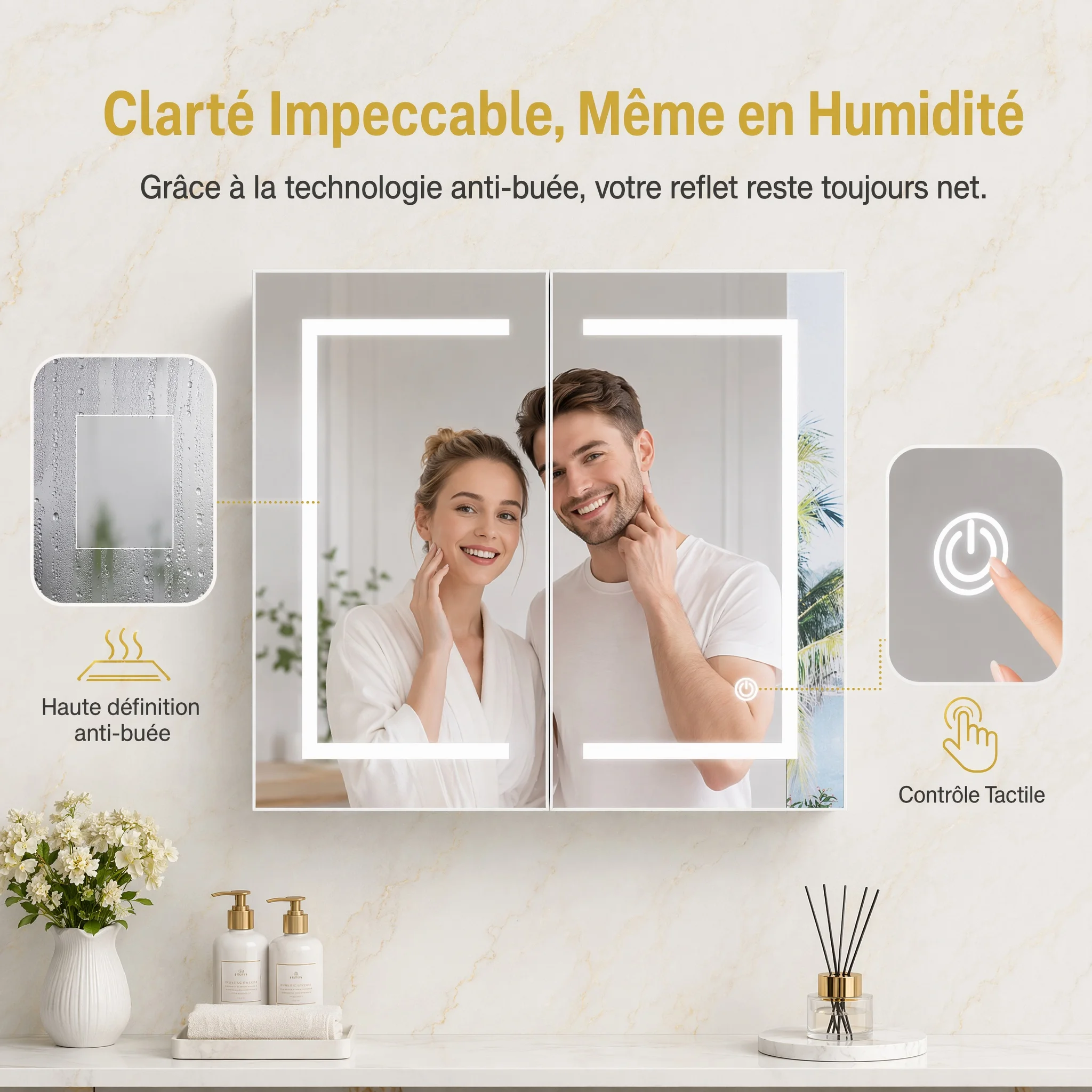 Anajqaqia LED Smart Spiegelschrank für Badezimmer - 60x80cm Wandmontierter Doppeltüriger Schminkschrank mit Spiegel