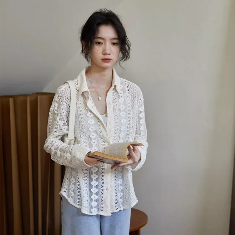 Spring Jackets Women Lace-design Chic Vintage Long Sleeve Outwear Cozy All-match OL Korean Fashion Minimalist New Sheer Clothes