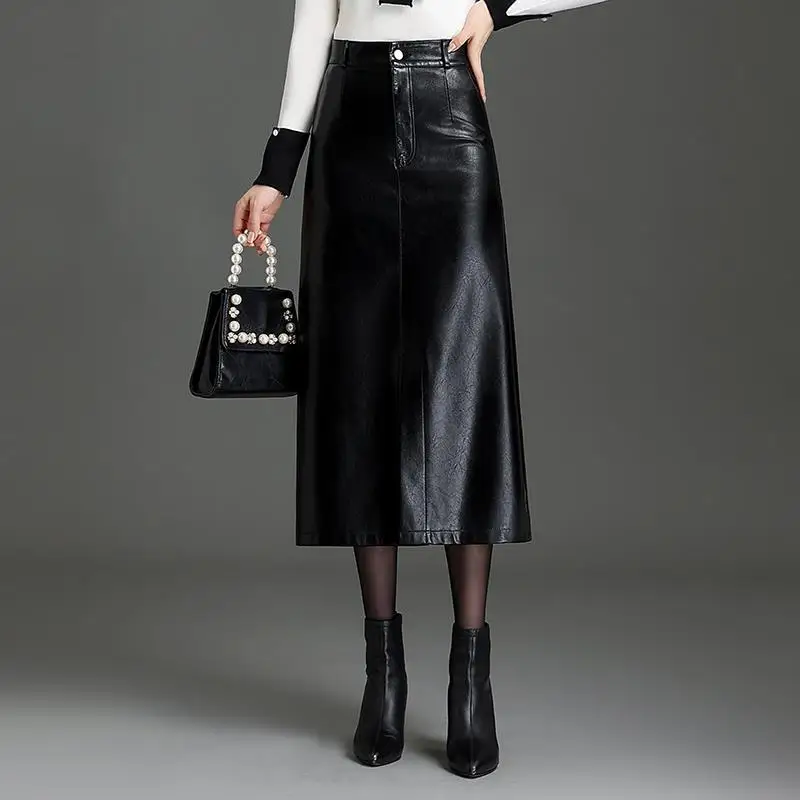 Autumn and Winter Fashion PU Leather Skirt, Solid Color High Waist Straight Tube Package Hip A Word Slit Half Body Skirt Women