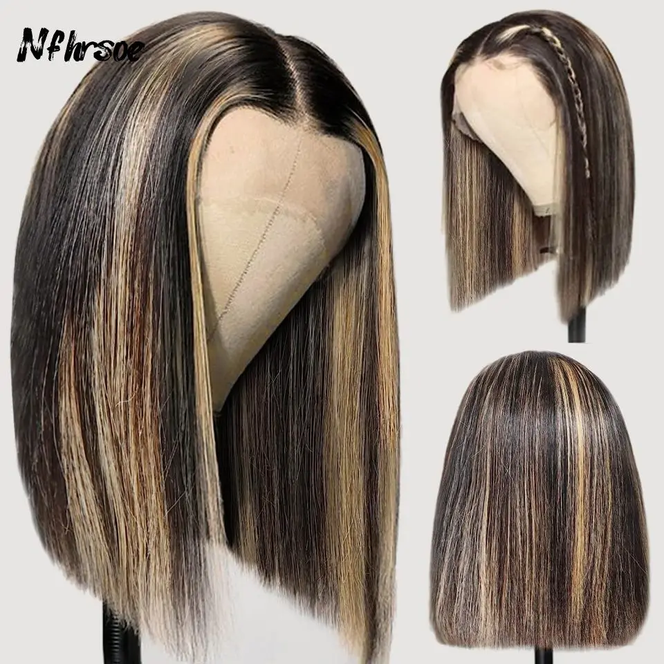 200 Density Brasilianische Echthaarperücke, farbig, transparente Lace-Front-Perücke, Highlight 60/613 Schwarz, glatt, kurzer Bob für Damen