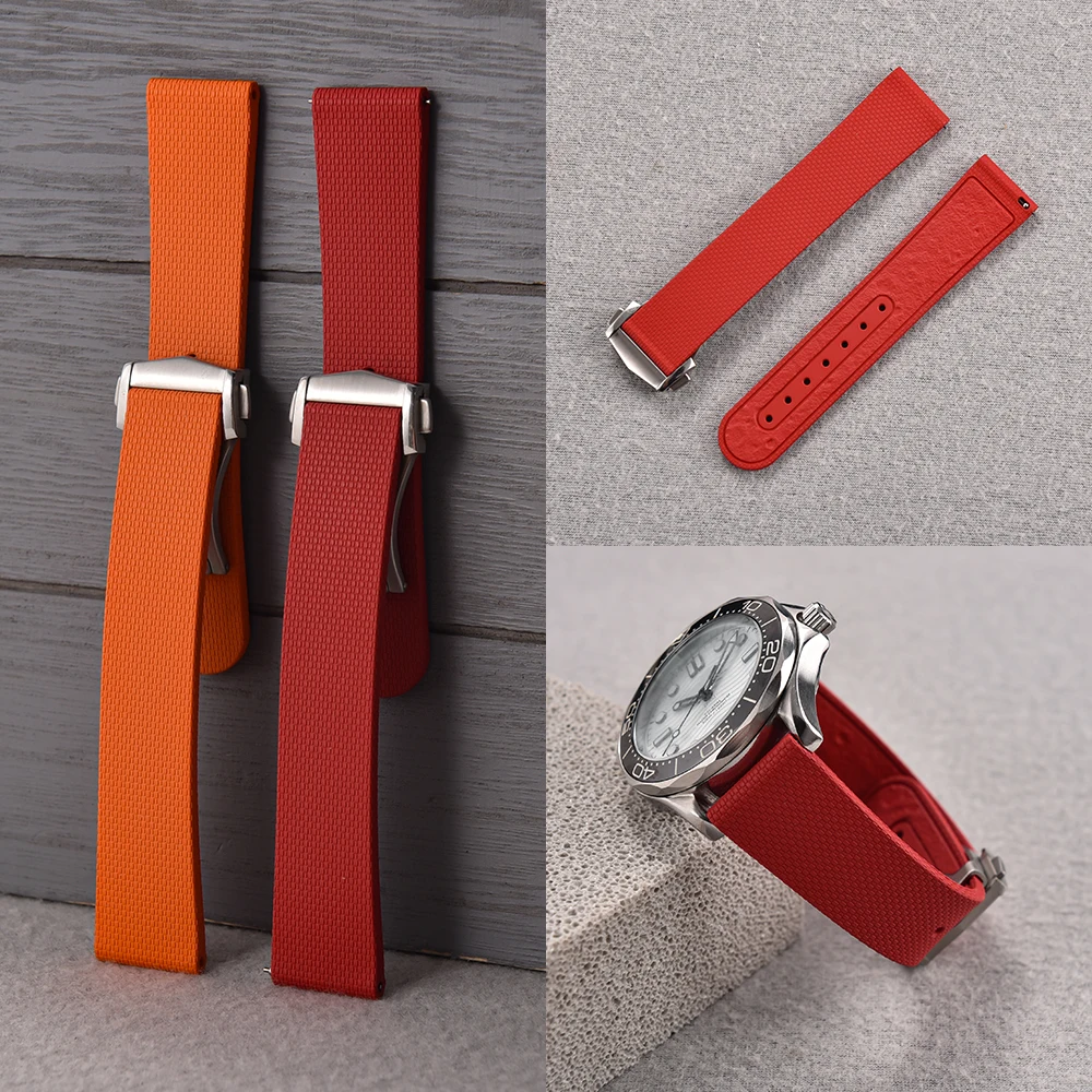For Omega Seamaster Speedmaster FKM Rubber Watch Strap Supple Fabric Tecxture Watch Band 20mm Deployment Buckle Unisex Bracelets