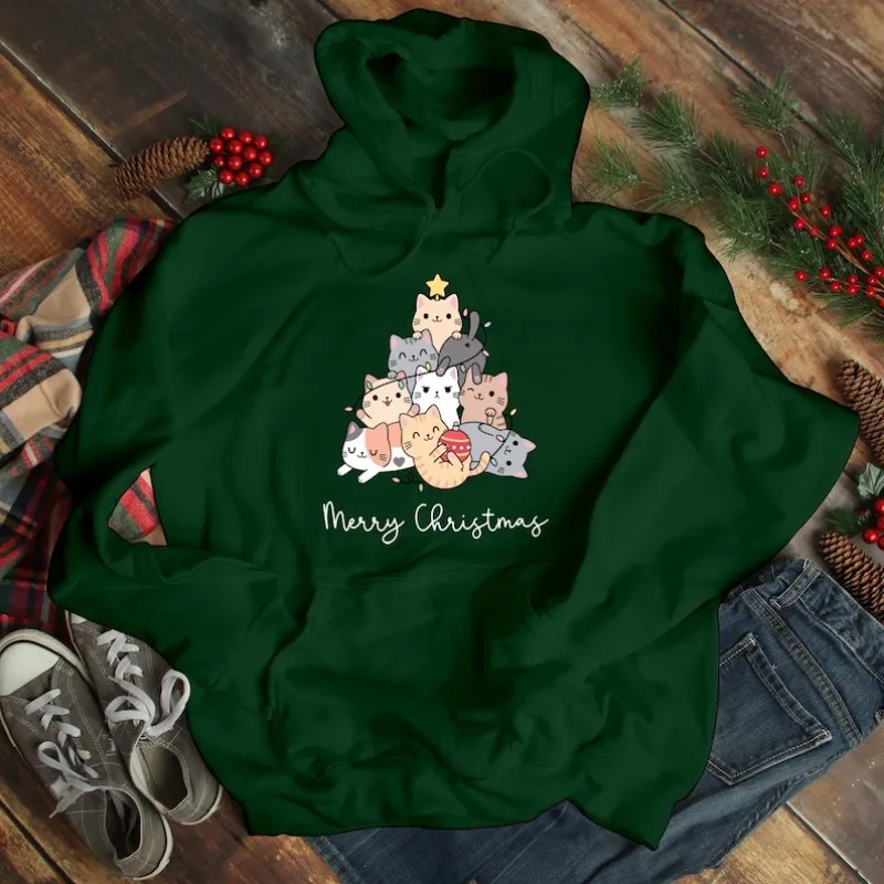 猫のクリスマスツリーパーカー、かわいい猫好きへのギフト、面白い猫ママスウェットシャツ、ニャーっとするクリスマスホリデーアパレルジャンパートップス