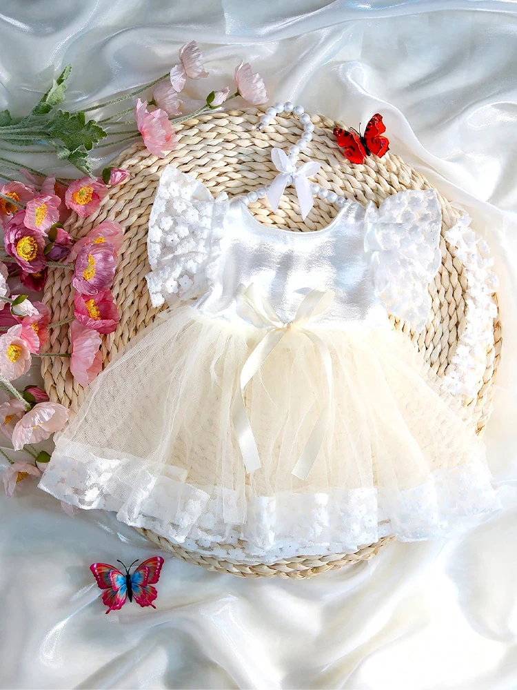 Ylsted Newborn Ribbon Bow Mesh Dress with Headband Lace Dresses Newborn Girl Photography Outfits Infant Photo Props Picture Idea