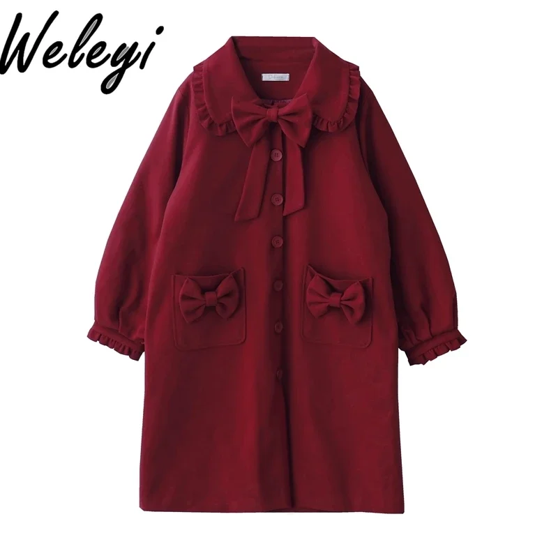 

Japanese Retro Christmas Red Long Woolen Jacket 2024 Autumn Winter New Woman Fungus Edge Thickened Doll Collar Bow Wool Coat