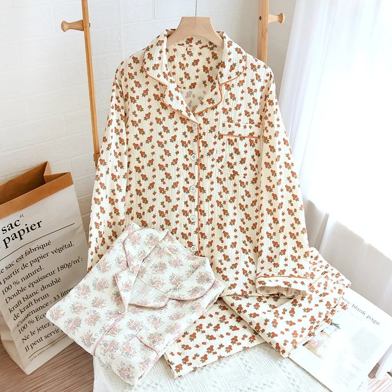 

Autumn Fresh Double Layer Cotton Yarn Flower Print Women's Pajamas Lapel Crepe Casual Homewear Long Sleeve Pants Sleepwear 2 Pcs