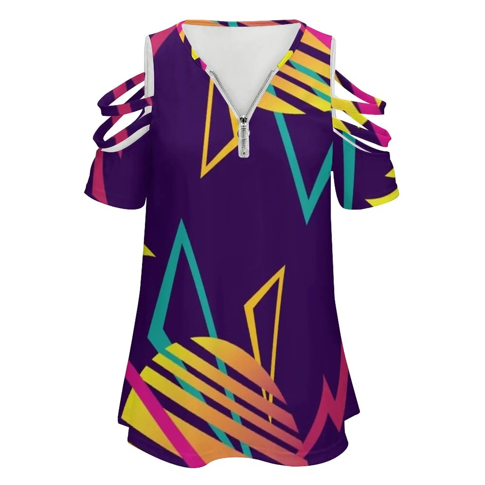 80S Neon Classic ( Dark-Violet ) Women'S T-Shirt New Fashion Printed Zipper V-Neck Short Sleeve T Shirts Casual Plus Size 80S