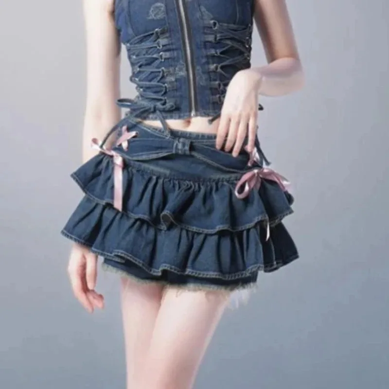 Denim Skirts Women Folds Design Bandage Bow Korean Fashion Chic Students All-match ins Popular Summer Age-reducing A-line Y2k