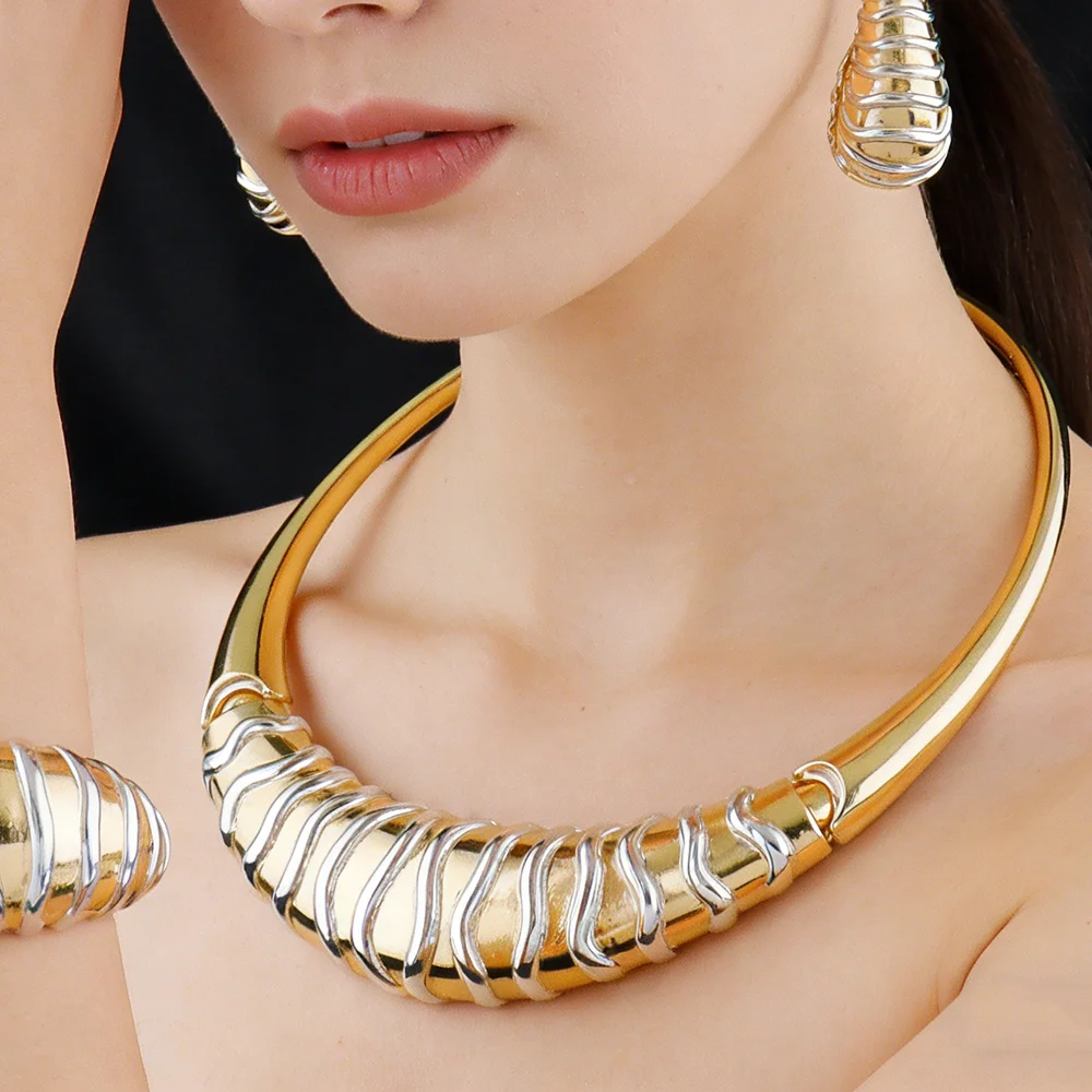Vergoldetes Ohrringe- und Halsketten-Armband-Ringe-Set für Damen Italienischer Vintage Hochzeits- und Partyschmuck Geschenkset – Detail 17