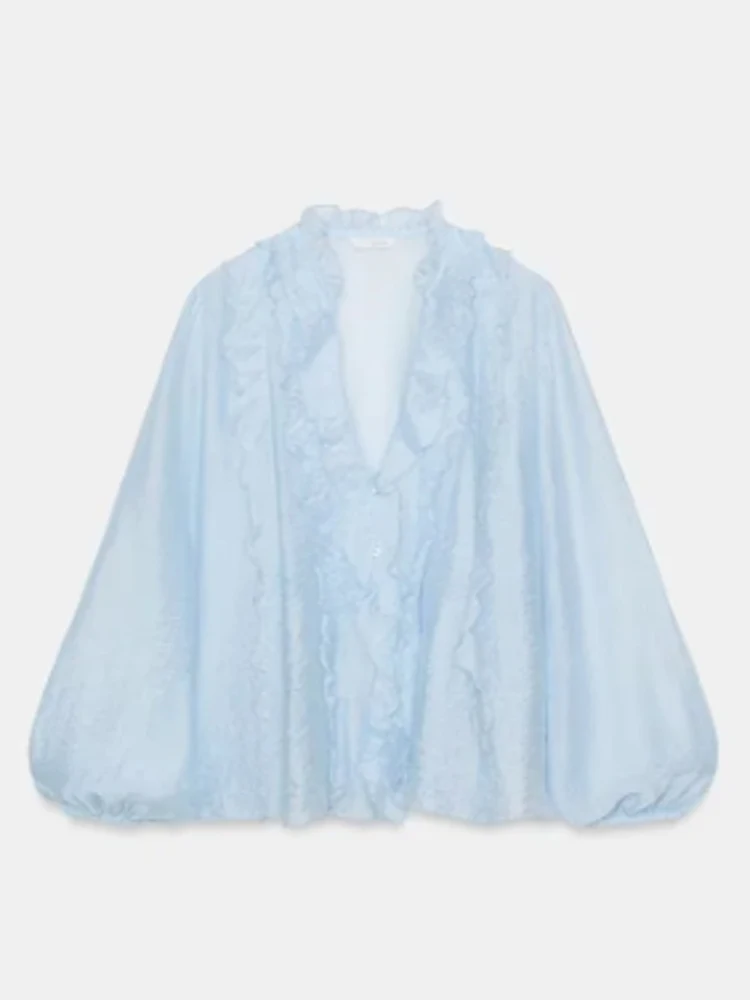 

Lady Elegant Solid Ruffled V-neck Shirt Casual Lantern Sleeve Short Loosethin Shirts 2026 Women New Spring Daily Commute Top
