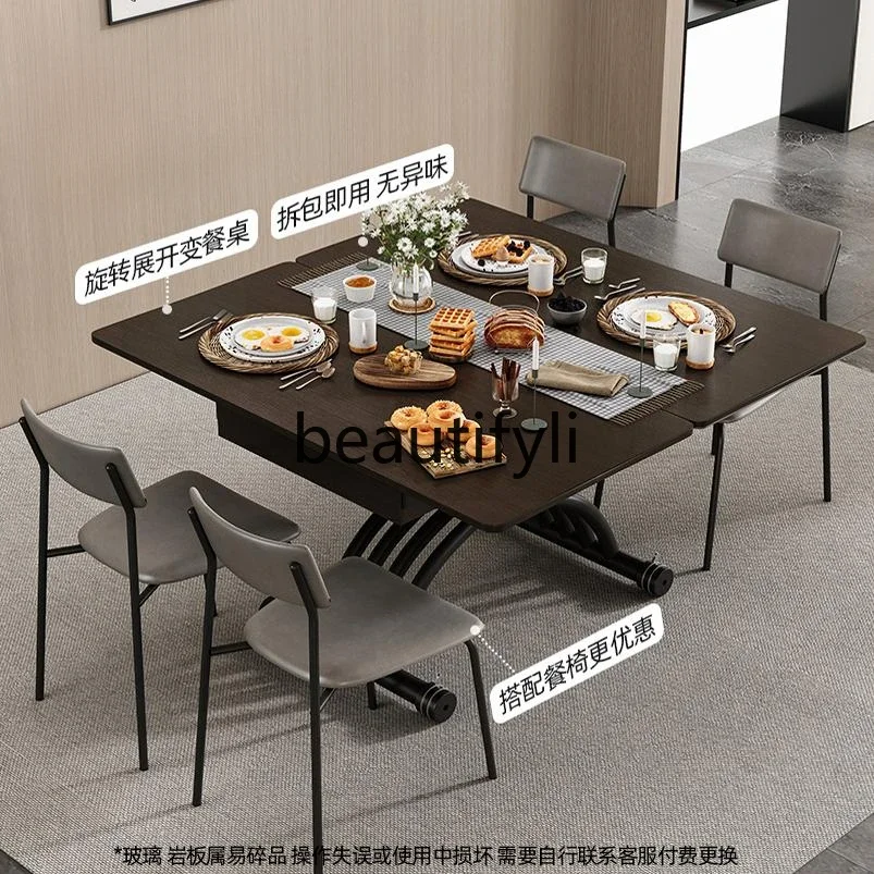 Lifting dining tea table, integrated small apartment, square household folding dual-purpose mobile telescopic second table