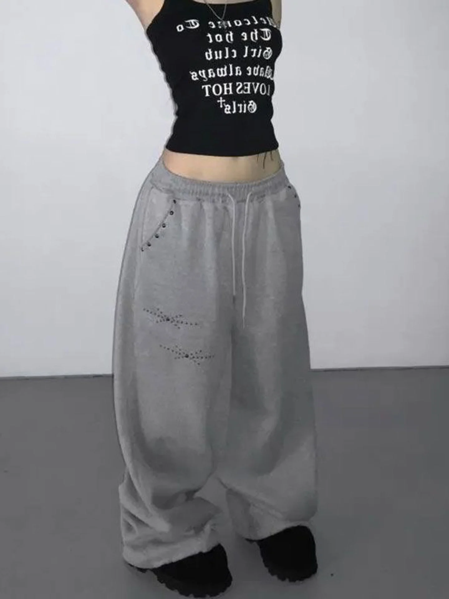 Retro Loose Casual Pants Women's High Waist Wide Leg Floor Length Drill Embellished Drawstring Comfortable Autumn New Style