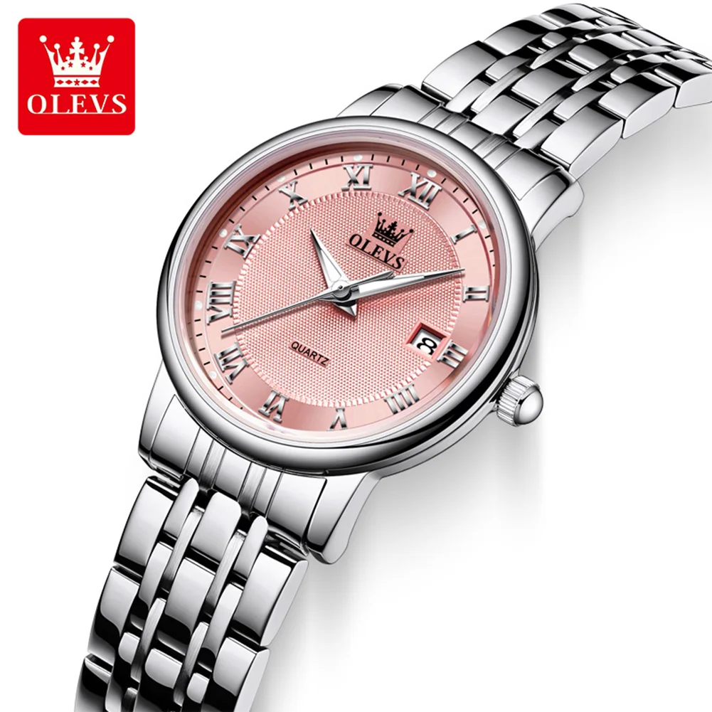 OLEVS Brand Women's Quartz Watches Roman Pink Dial Original Females Wristwatch Elegant Fashion Waterproof Luminous Date Clock